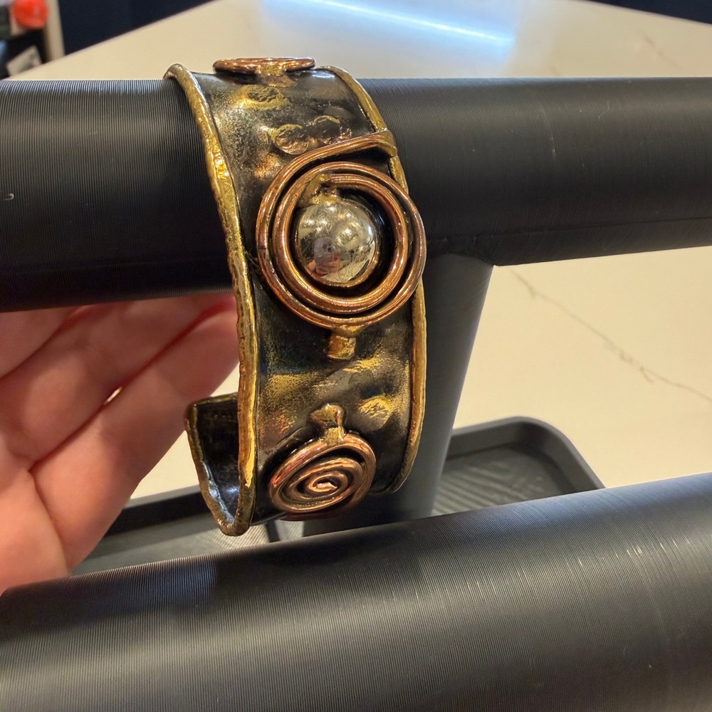 Vintage Brutalist Mixed Metal Cuff Bracelet Copper Spiral Artisan Modernist